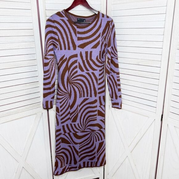 ASOS Abstract Swirl Print Knit Midi Sweater Sheath Dress Purple Brown 8 - Picture 9 of 14